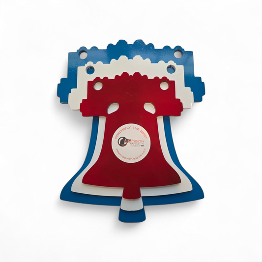 Liberty Bell AR500 steel gong target, front view with dimensions