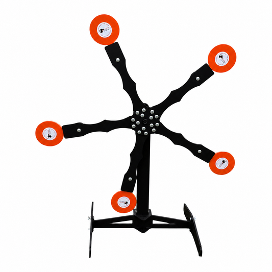 Precision Targets Texas Star AR500 spinning target with solid black frame and orange paddles